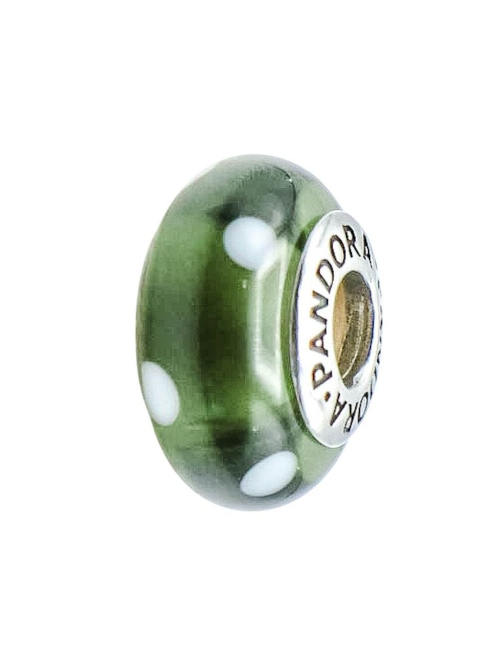 Pandora 'Black White Polka Dot' Green Murano Glass Charm Sterling Silver Retired